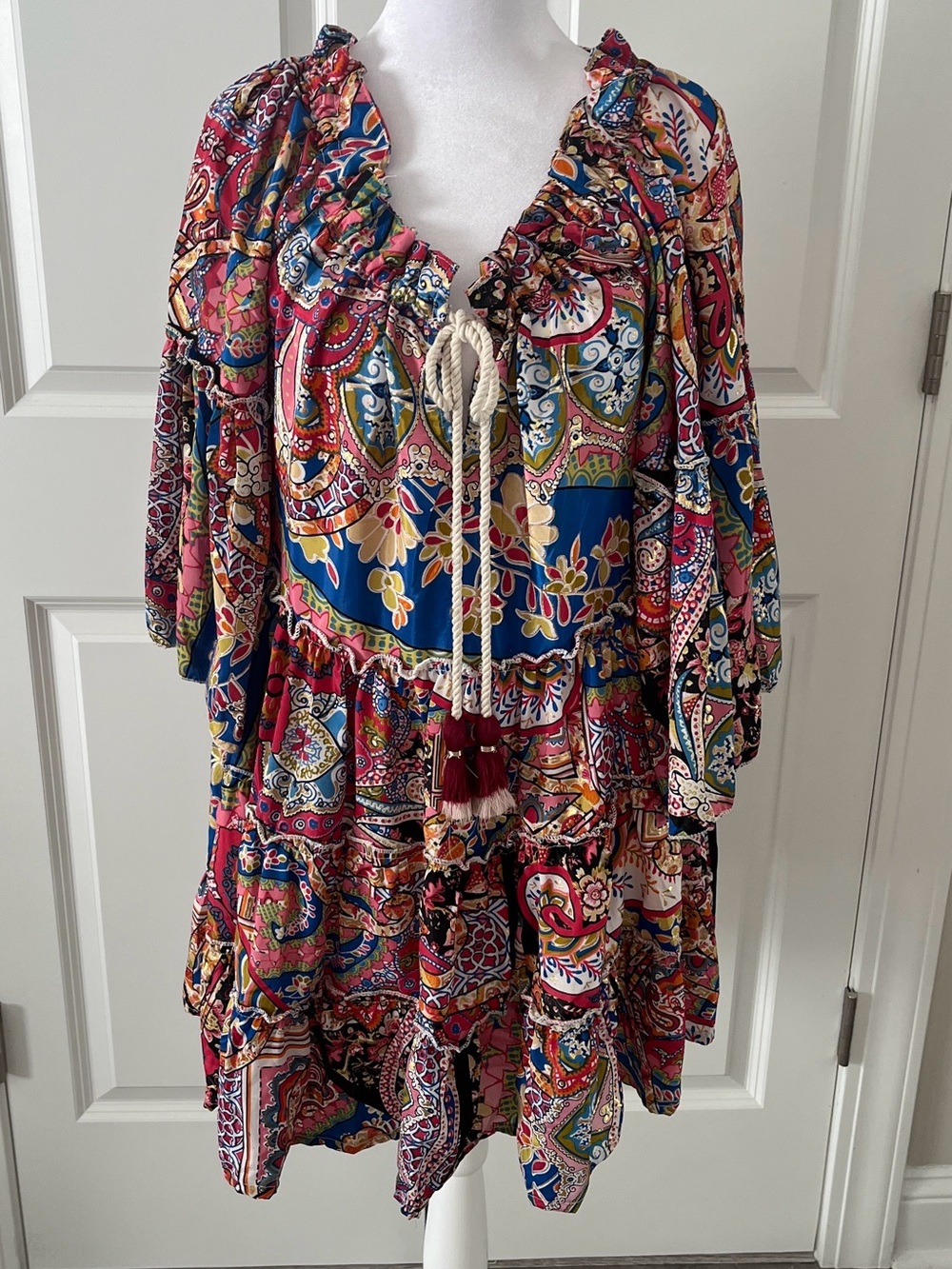 A Rose Silk Blend Tiered Tassel Bohemian Mini
Dress OS / Free Size